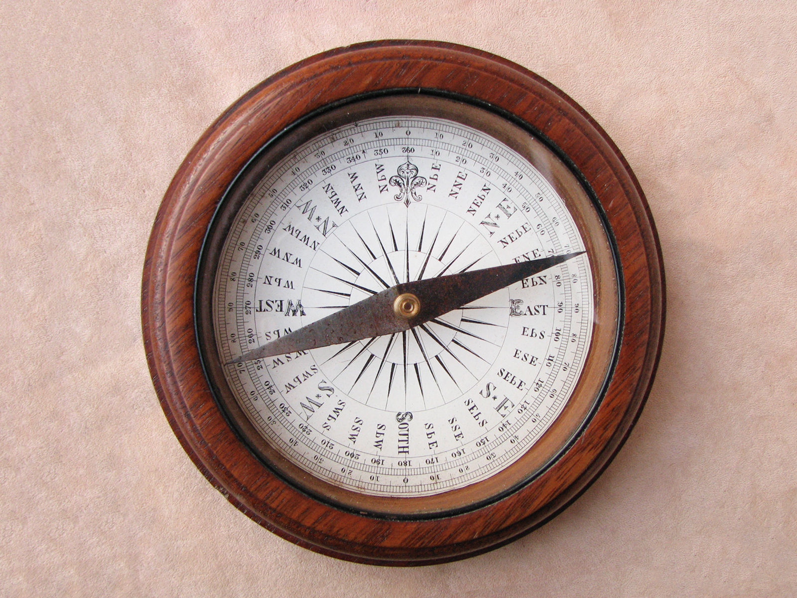 Francis Barker & Son mahogany desktop compass with Trademark London logo